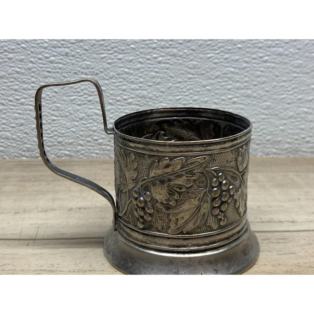 Vtg Unbranded Silver Plated Podstakannik Tee Cup Holder Grape Branch Pattern